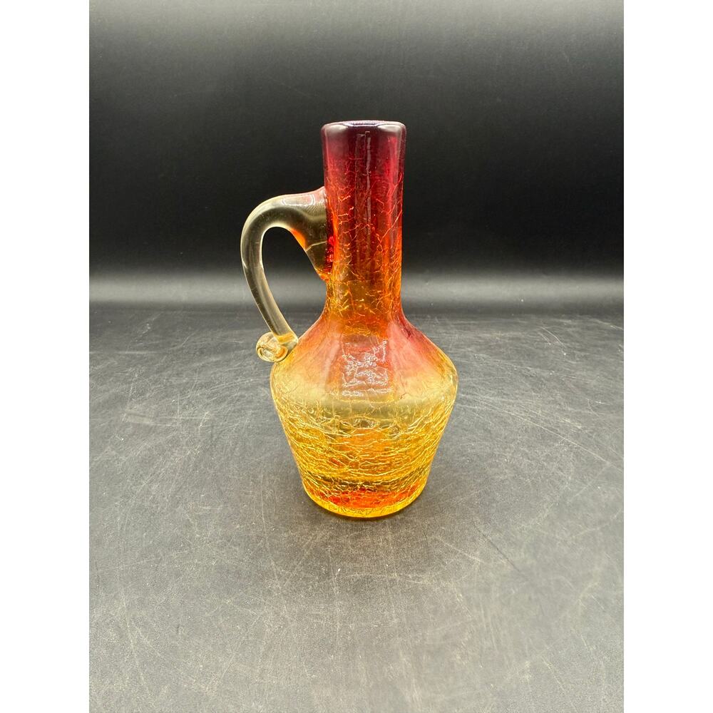 Vintage Crackle Glass Mini Pitcher - Amberina Red Yellow - 5” tall